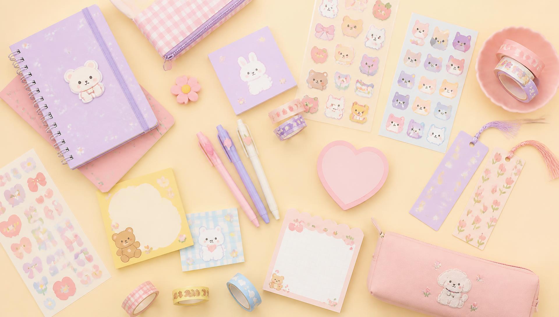 Pastel Alyph.shop notebooks, sticker sheets and washi tape on a cream desk